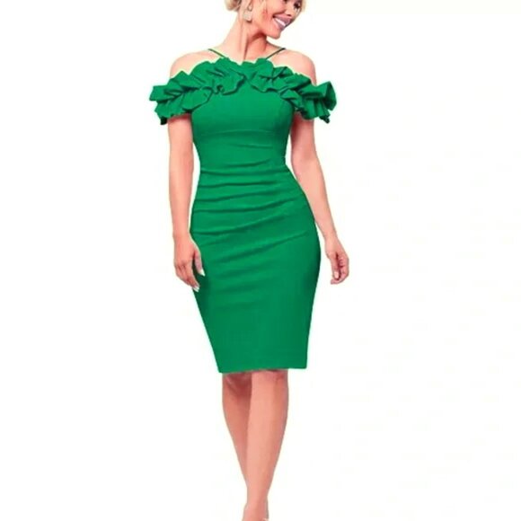 Xscape Green Ruffle Off the Shoulder Scuba Crepe Sheath Dress - Picture 1 of 3